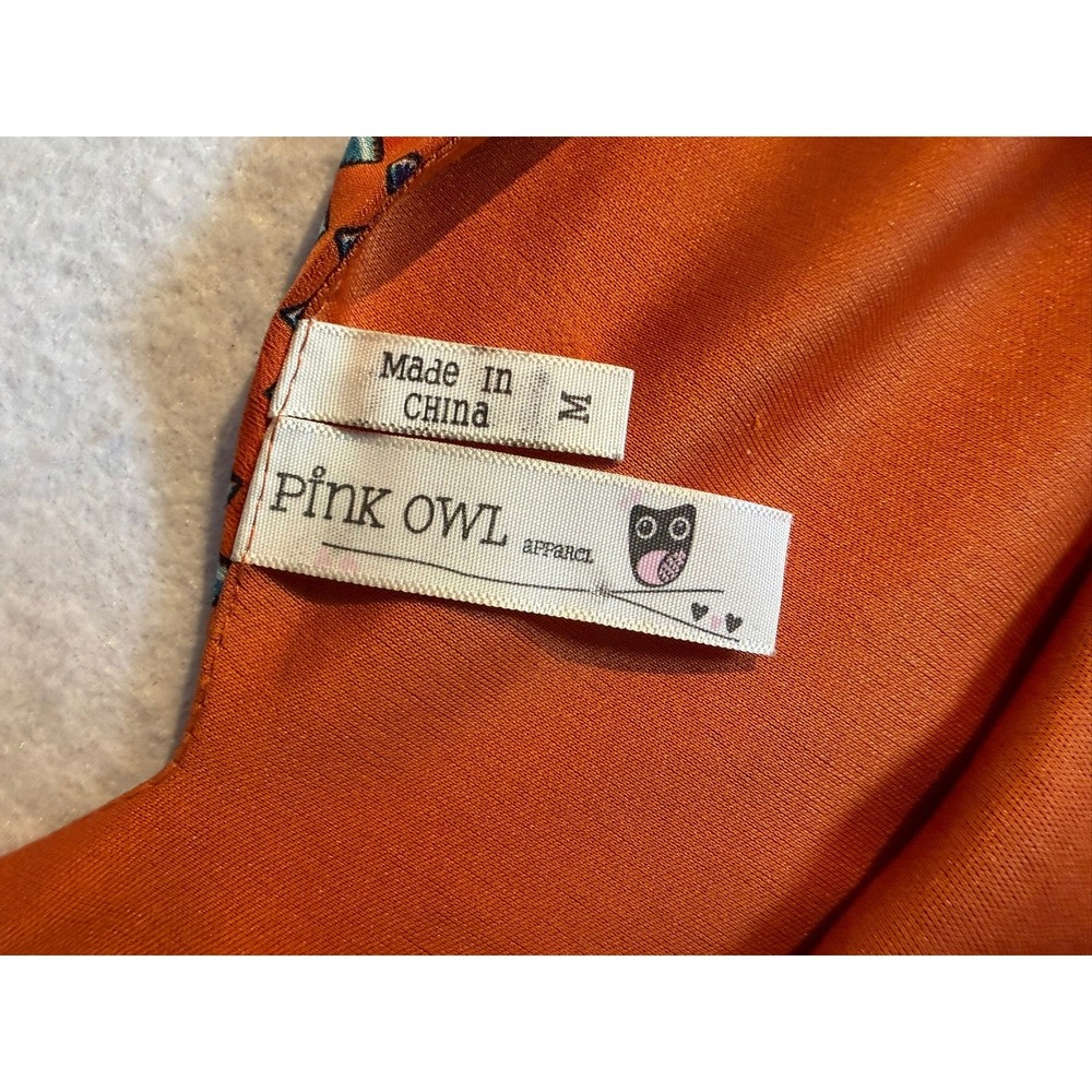 Pink Owl Orange Boho Medallion Print 3/4 Sleeve Mini Shift Dress Womens Medium - Picture 7 of 10